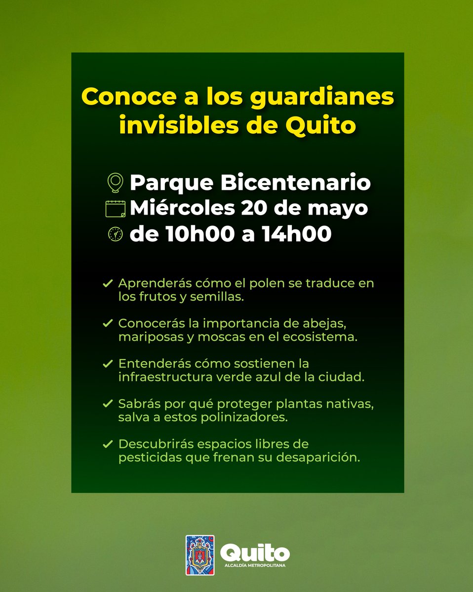 ambientequito's tweet photo. 🐝#AmbienteInforma | Acompáñanos en una jornada interactiva para conocer el rol crucial de las abejas, mariposas y moscas en nuestro entorno.

📍 Parque Bicentenario
🗓️ Miércoles 20 de mayo
⏰ 10h00 a 14h00

¡Te esperamos para construir juntos un Quito más sostenible! 🌎

#QuitoRenace