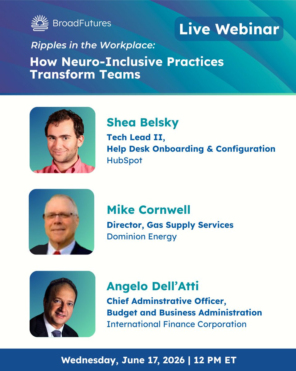 BroadFutures's tweet photo. Inclusive workplaces create ripple effects far beyond a single hire.

Join us on June 17 at 12 PM ET for a webinar on workplace culture, inclusive supervision, and the real impact of neuro-inclusive practices.🌊

Register: https://t.co/wV08utjT3u https://t.co/yNYvsRBnZn