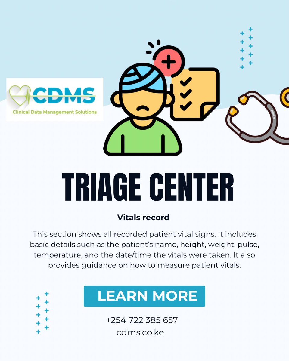 _cdms's tweet photo. TRIAGE CENTER - CDMS

Easily record and view patient vitals including height, weight, pulse, temperature, and time.
Simple guidance ensures accurate measurements for better care.
Learn more: +254 722 385 657 | https://t.co/3HitodjobR

#CDMS #TriageCenter #HealthTech #PatientCare https://t.co/vNQtYGoCbn
