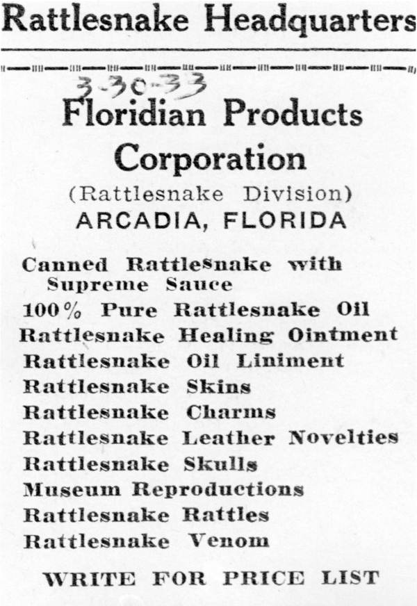 StateLibraryFL's tweet photo. #DYK canned rattlesnake used to be popular? In 1931, George Kenneth End’s company Arcadia started selling the product. The company shipped 15,000 cans annually at $1.25 a can. Allegedly the meat tastes like chicken blended with quail. Learn more: @FLMemory https://t.co/Mhl2DbAX9D https://t.co/t0Sh5ZHcBS