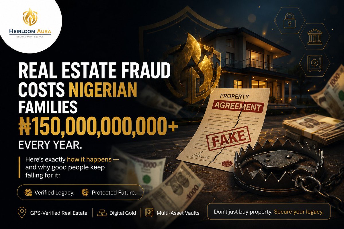 Veridionaura's tweet photo. Real estate fraud costs Nigerian families ₦150Blilion+ every year.

Here's exactly how it happens and why good people keep falling for it:
🧵 https://t.co/FBvSgMZcAU