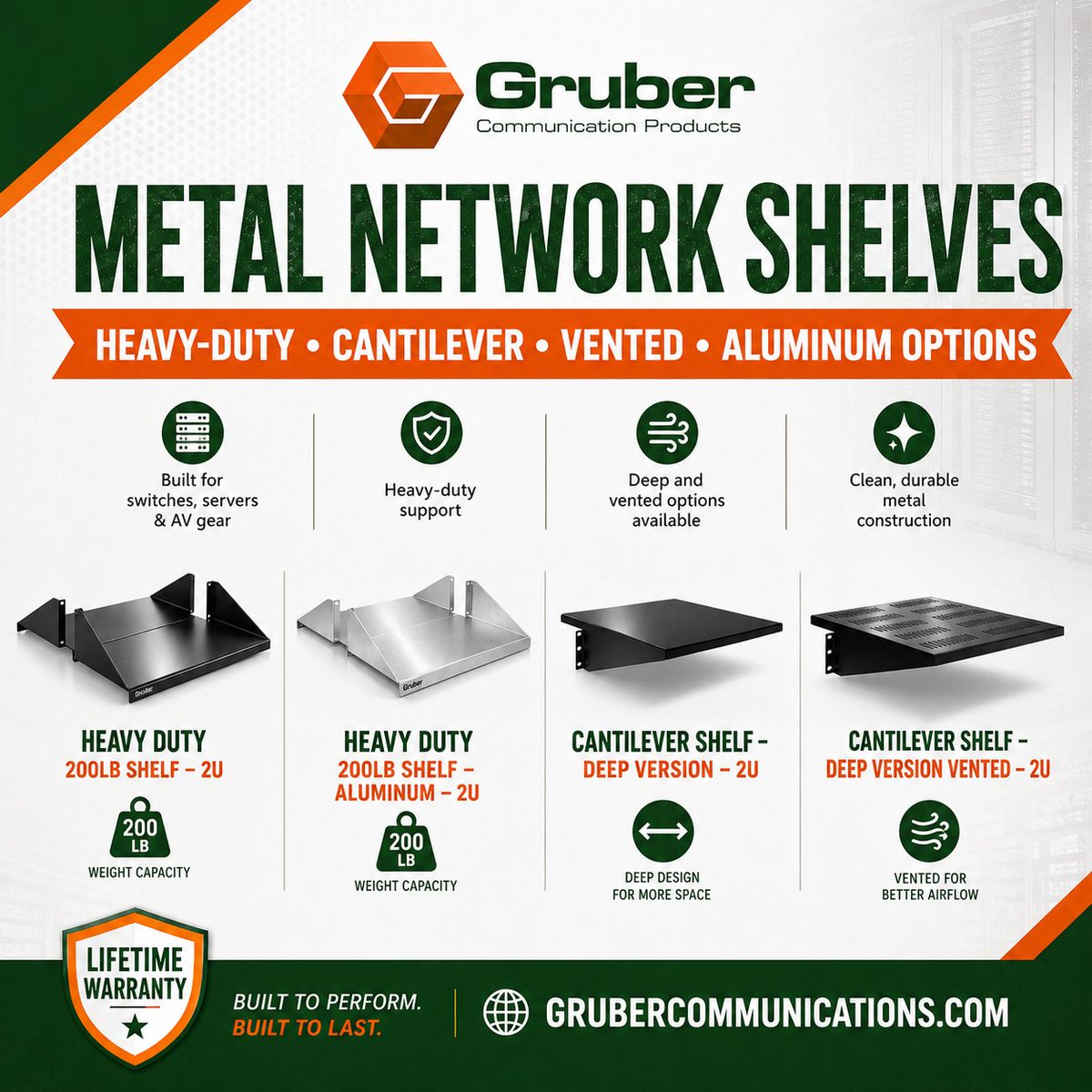GruberComm's tweet photo. Built to perform. Built to last.

Gruber Communications metal network shelves support switches, servers, and AV gear with heavy-duty, cantilever, vented, and aluminum 1U and 2U options.

https://t.co/H5eSlJeskF

#GruberCommunications #NetworkShelves #RackMount #DataCenter #MadeInUSA