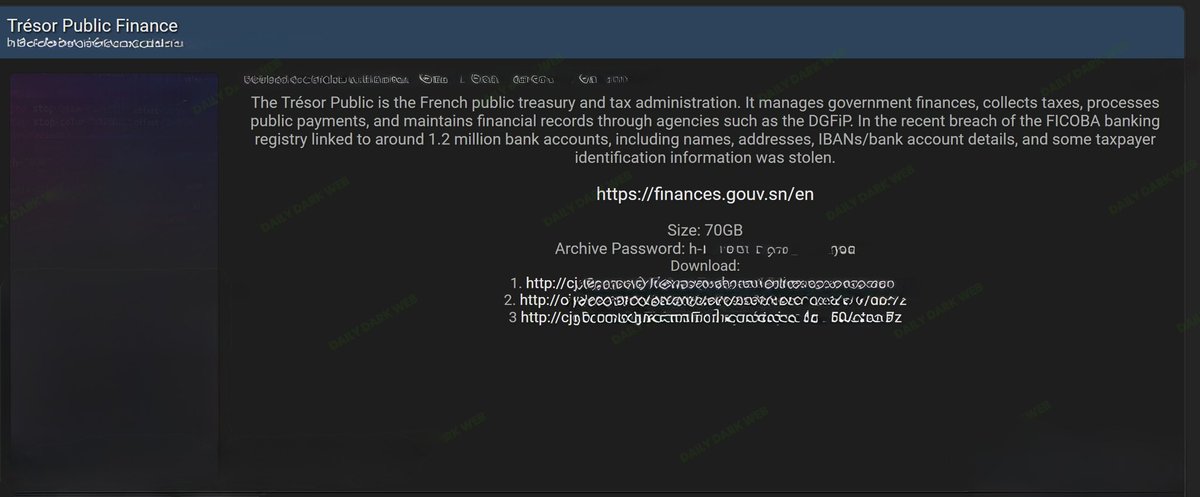 DailyDarkWeb's tweet photo. 🇫🇷 Threat actors are claiming a breach involving the French public finance and treasury ecosystem, referencing alleged exposure tied to financial administration and banking registry data.

According to the listing, the targeted environment allegedly relates to the French public treasury and tax administration infrastructure, with references to:
• DGFiP-related financial systems
• FICOBA banking registry data
• taxpayer information
• bank account details / IBANs
• names and addresses
• and financial administration records

The post claims approximately 70GB of data was exposed. At this stage, the claims remain unverified.

If authentic, the compromise of financial administration or banking registry-related systems could represent a significant national-level data exposure due to the sensitivity of:
• taxpayer identities
• financial records
• banking relationships
• payment infrastructure
• and government financial operations

Government financial systems remain highly attractive targets for threat actors because they can provide:
• large-scale identity intelligence
• financial profiling opportunities
• fraud-enablement data
• state-level intelligence value
• and leverage for extortion or influence operations

Exposure of banking registry information could increase risks including:
• financial fraud
• identity theft
• targeted phishing
• business email compromise (BEC)
• tax fraud campaigns
• and social engineering against public sector employees and citizens

Organizations and agencies should:
• investigate anomalous access activity
• review authentication logs and privileged account activity
• assess possible lateral movement
• validate integrity of financial systems
• monitor for underground redistribution of datasets
• and coordinate with national cyber authorities where appropriate

Individuals potentially affected should remain alert for:
• banking-related phishing
• suspicious financial communications
• tax-themed scams
• and unauthorized account activity

Daily Dark Web is continuing to monitor the situation.

#France #CyberSecurity #DataBreach #ThreatIntelligence #FinancialSecurity #DDW #Intelligence
