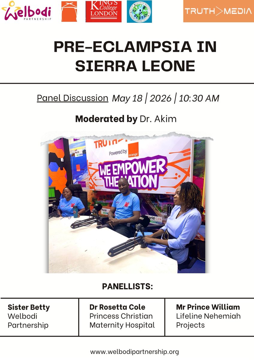 welbodi's tweet photo. #ICYMI

Kicking off #PreeclampsiaWeek, @welbodi brought together Sister Betty (Technical Advisor), Dr Rosetta Cole of PCMH/Cottage Hospital, and Mr Prince Williams from @thelnpsl for an engaging panel discussion @truthmedia_sl. 

#WorldPreeclampsiaDay #WelbodiPartnership https://t.co/skyrdcu2G1