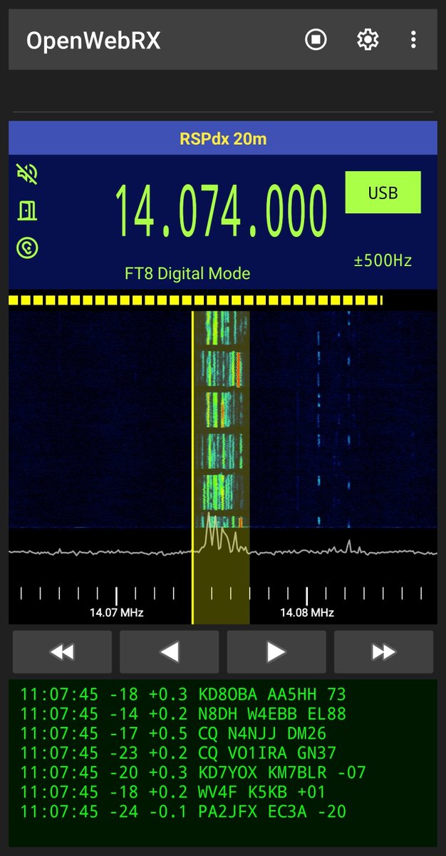 GarageResearch's tweet photo. The OpenWebRX Android Client v1.2 is now available from Google Play. It adds display for FT8 and other WSJTX decoders, lets you search receivers list, and fixes a bunch of things.
https://t.co/ray06eZEQX https://t.co/XurEj9CsbH
