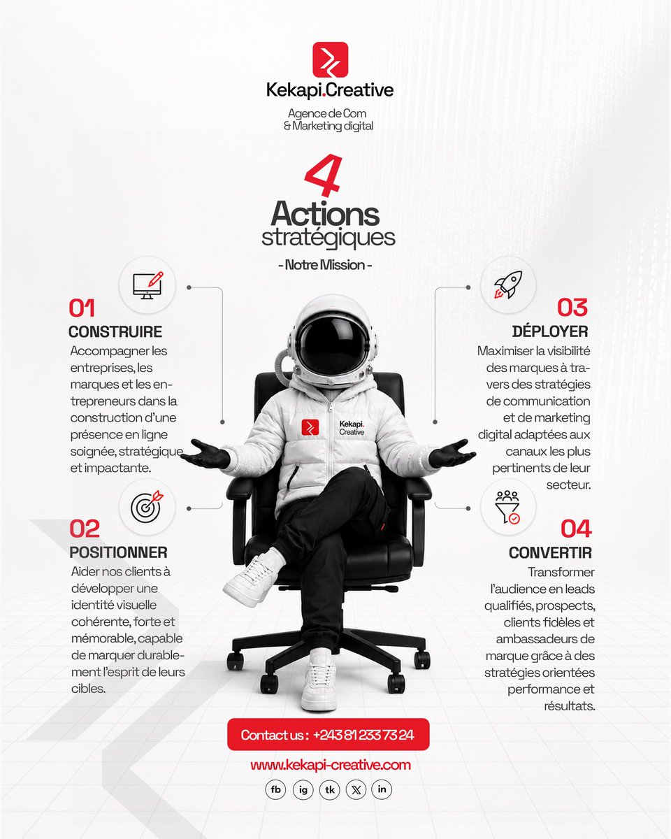 KekapiCreative's tweet photo. Notre mission se décline en 4 actions stratégiques, notamment : 

1. Construire 📈
2. Positionner 🎨
3. Déployer 🚀
4. Convertir 💸

Nous sommes des astronautes qui faisons décoller votre business en ligne de manière soignée et cohérente. 

Contactez-nous maintenant 
0812 337 324 https://t.co/vZaqwrVi3T