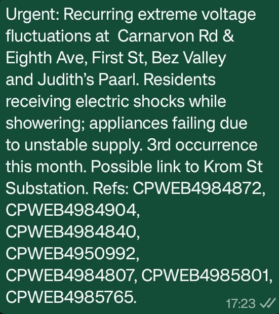 T1meT0BeReal's tweet photo. @CityPowerJhb @DadaMorero Urgent: Recurring extreme voltage fluctuations at  Carnarvon Rd &amp; Eighth Ave, Bez Valley and Judith’s Paarl. Residents being electric shocked while showering; appliances failing due to unstable supply. 3rd time this month. LINKED to Krom St Substation. https://t.co/UiglVGdAdo