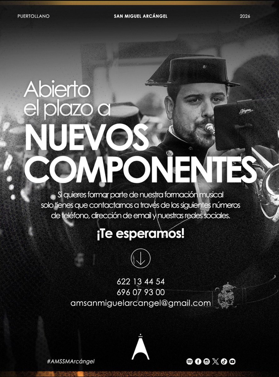 ARCANGEL_AM's tweet photo. NUEVOS COMPONENTES 

📣 #Aviso | Abierto el plazo de inscripción para nuevos componentes.

Si quieres formar parte de nuestra #AgrupaciónMusical, ponte en contacto con nosotros e infórmate a través de nuestras redes sociales o numeros de contacto. #AMSMArcángel https://t.co/ChBPiMZKUh