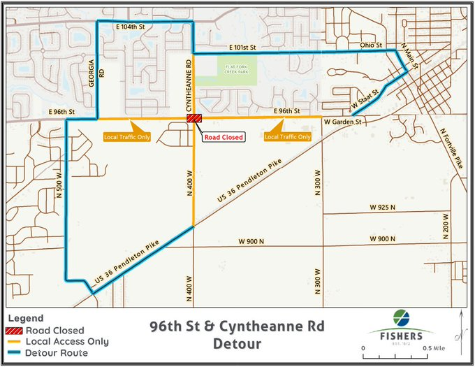 DriveFishers's tweet photo. UPCOMING ROAD CLOSURE: 

A new roundabout is planned at 96th St &amp; Cyntheanne Rd. Utility relocation is underway, with construction to begin  May 29, 2026. The intersection will close to through traffic during construction, with a signed detour. Local access will remain open. https://t.co/vfzc5PfDVt