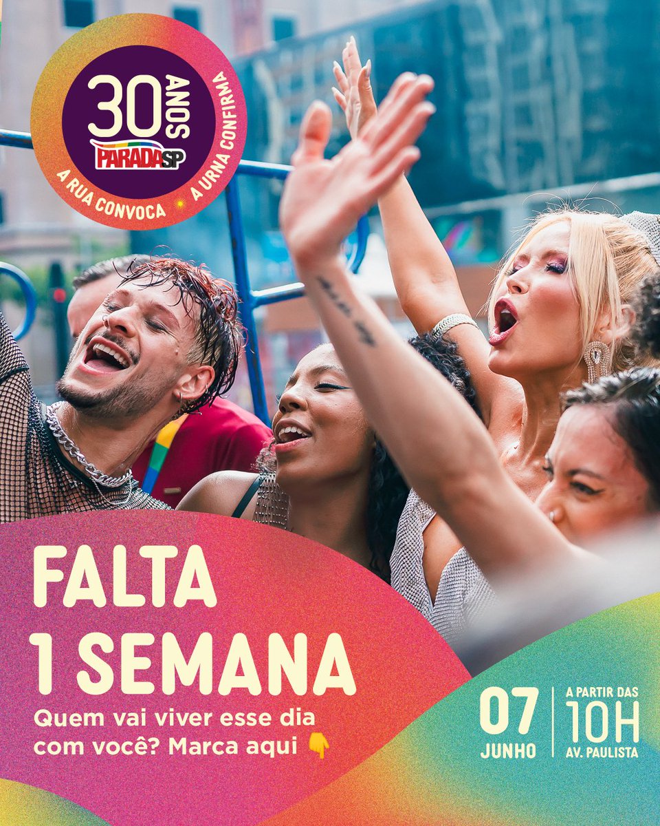 paradasp's tweet photo. Falta 1 semana 🌈
E aí: quem vai ocupar a Avenida com você?
Marca aqui 👇
07/06 | Av. Paulista | 10h 🏳️‍🌈 https://t.co/QROuGyDwJH