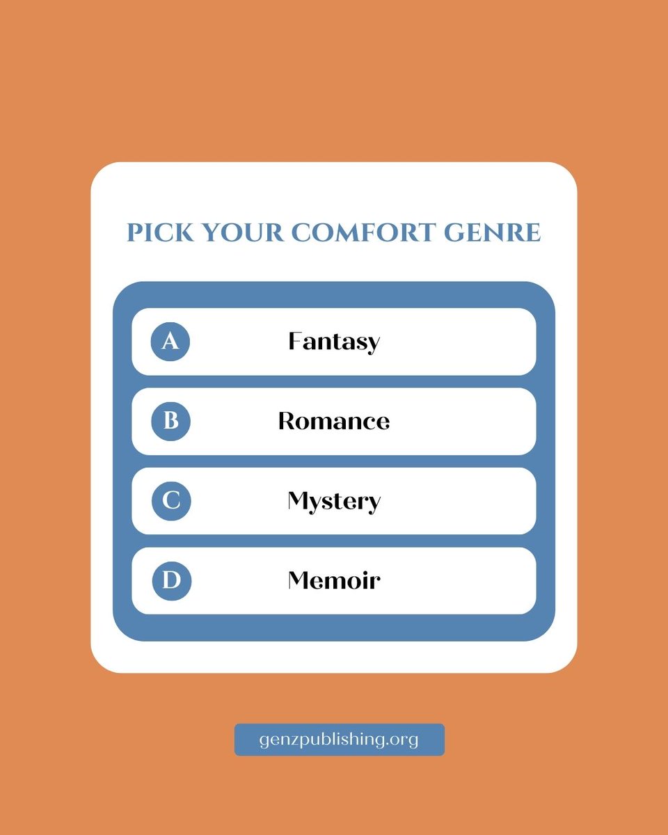 genzpub's tweet photo. Pick your comfort genre:

📚 Romance
⚔️ Fantasy
🕵️ Mystery
🌍 Memoir

Tell us below — readers shape what we publish.

#ReaderPoll #BookLovers #GenZPublishing #WhatToRead #Genres https://t.co/dj8miloiJw