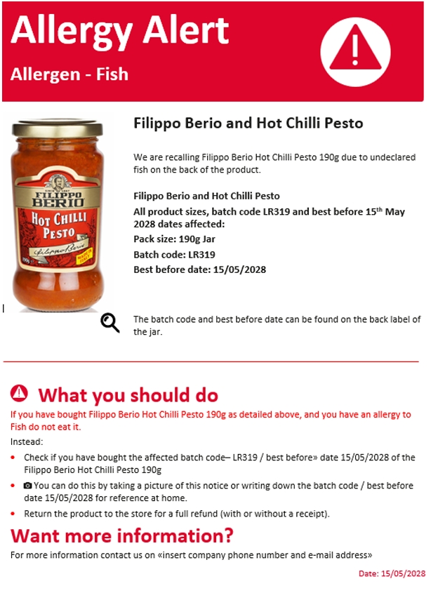WorcsTS's tweet photo. #AllergyAlert
Filippo Berio UK recalls Hot Chilli Pesto because of undeclared fish.

Pack size190g
Batch codeLR319
Best before15 May 2028

https://t.co/aOl7Lj6Jgz https://t.co/9DQ4CLrndc