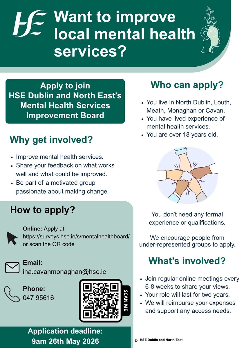 adhdireland's tweet photo. The HSE are looking for people to join the Health Services Improvement Board!
If you have lived experience with mental health services and live in North Dublin, Louth, Meath, Monaghan, or Cavan, apply now.
Apply by 9am, 26 May 2026: https://t.co/jq7VKElw9N https://t.co/nmsa335RMr