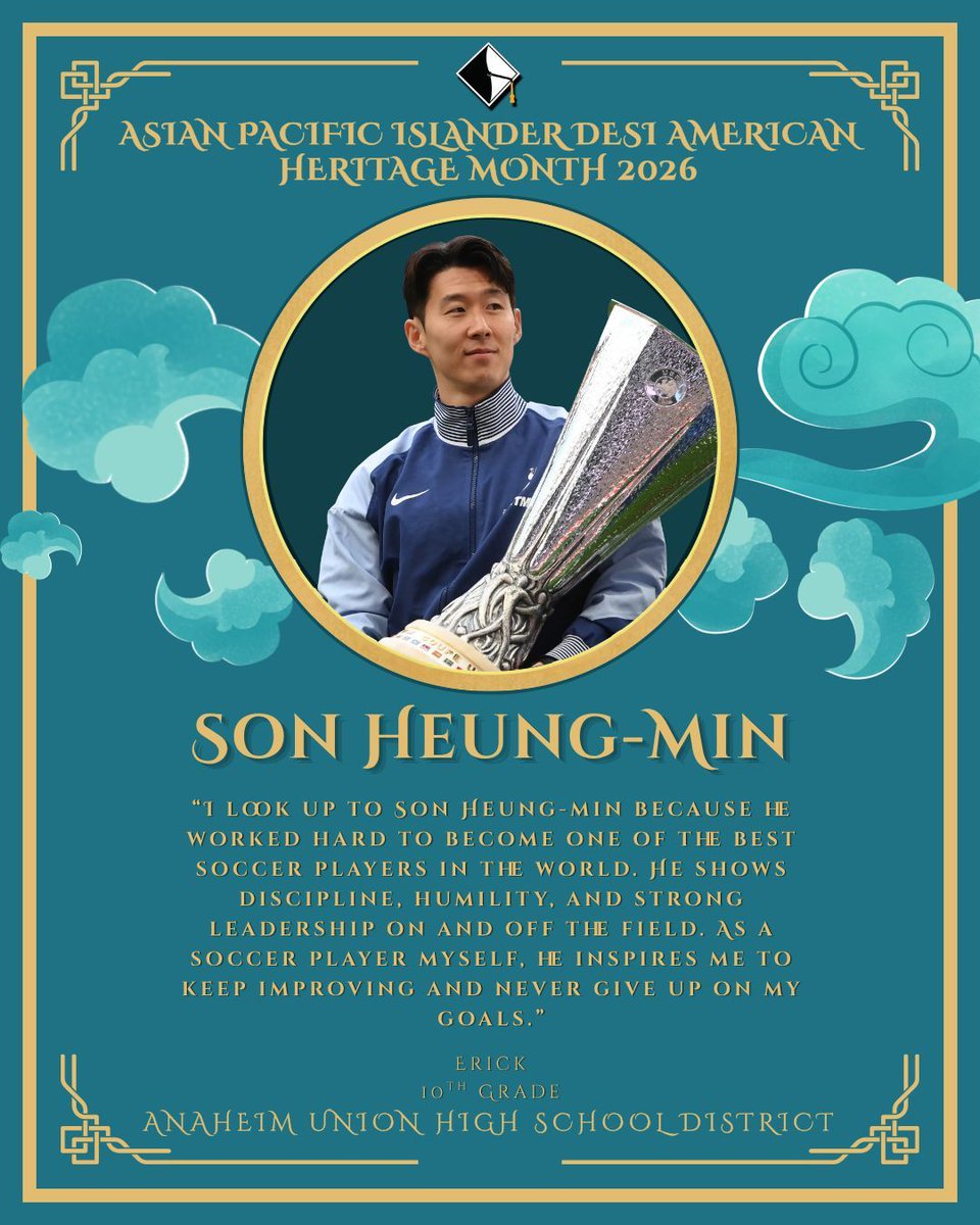 AnaheimUHSD's tweet photo. During #APIDAHeritageMonth, we celebrate the accomplishments of Asian-, Pacific Islander-, and Desi-Americans throughout U.S. history.
Today, we celebrate Son Heung-Min, a South Korean professional soccer player. https://t.co/jCXFPWgaeT