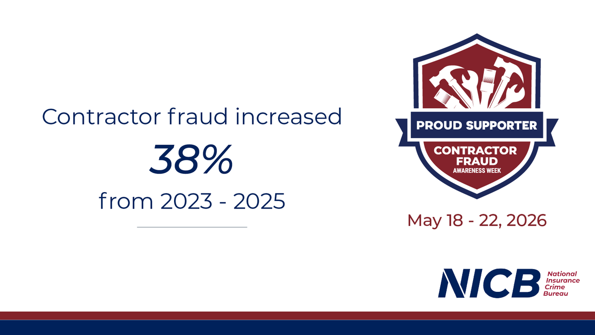 insurancecrime's tweet photo. Contractor Fraud Awareness Week (CFAW) is here.

Contractor fraud has increased 38% from 2022–2025 — and every year, thousands of vulnerable homeowners are targeted by bad actors looking to exploit their misfortune. That's why NICB launched Contractor Fraud Awareness Week in 2021, and why this fight is more important than ever.

CFAW has become a national platform to drive real change for homeowners and the industry. From specialized investigator training and advocacy work to consumer education, NICB and our partners are building a united front against fraud.
Share this post to spread awareness. Learn more and register for training at https://t.co/wlJAl7EFSY

A huge thank you to our anti-fraud supporters Insurance Information Institute and Coalition Against Insurance Fraud for standing with us in this fight.

#CFAW2026 #ContractorFraud