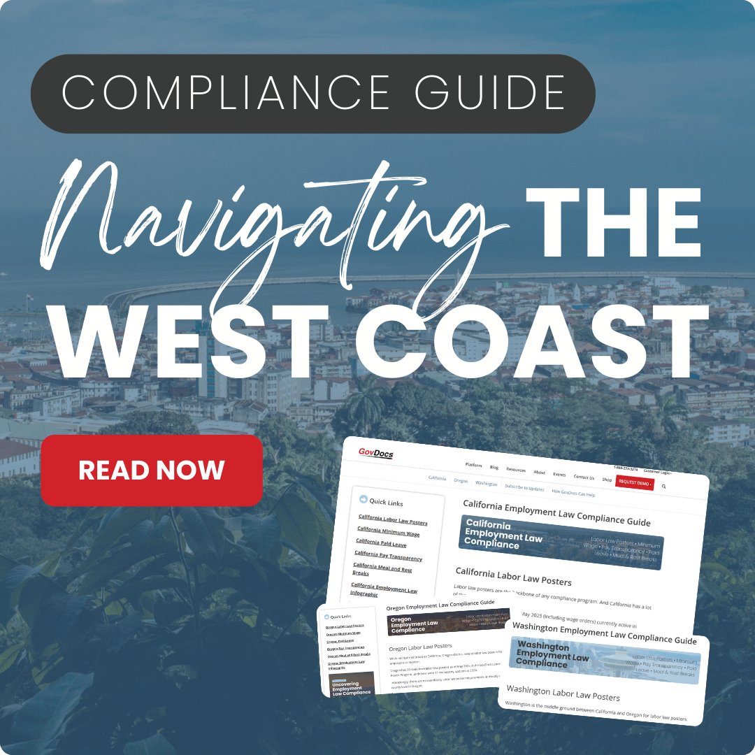 GovDocs's tweet photo. Between July 1 wage increases and hundreds of poster updates, navigating compliance in the West Coast is complex. 

Get ahead of future updates and see what's required in CA, OR, and WA: https://t.co/JSDJaJz2ay 

#employmentlaw #compliance #hr #hrnews #laborlawposters https://t.co/kTl4HDAS0N