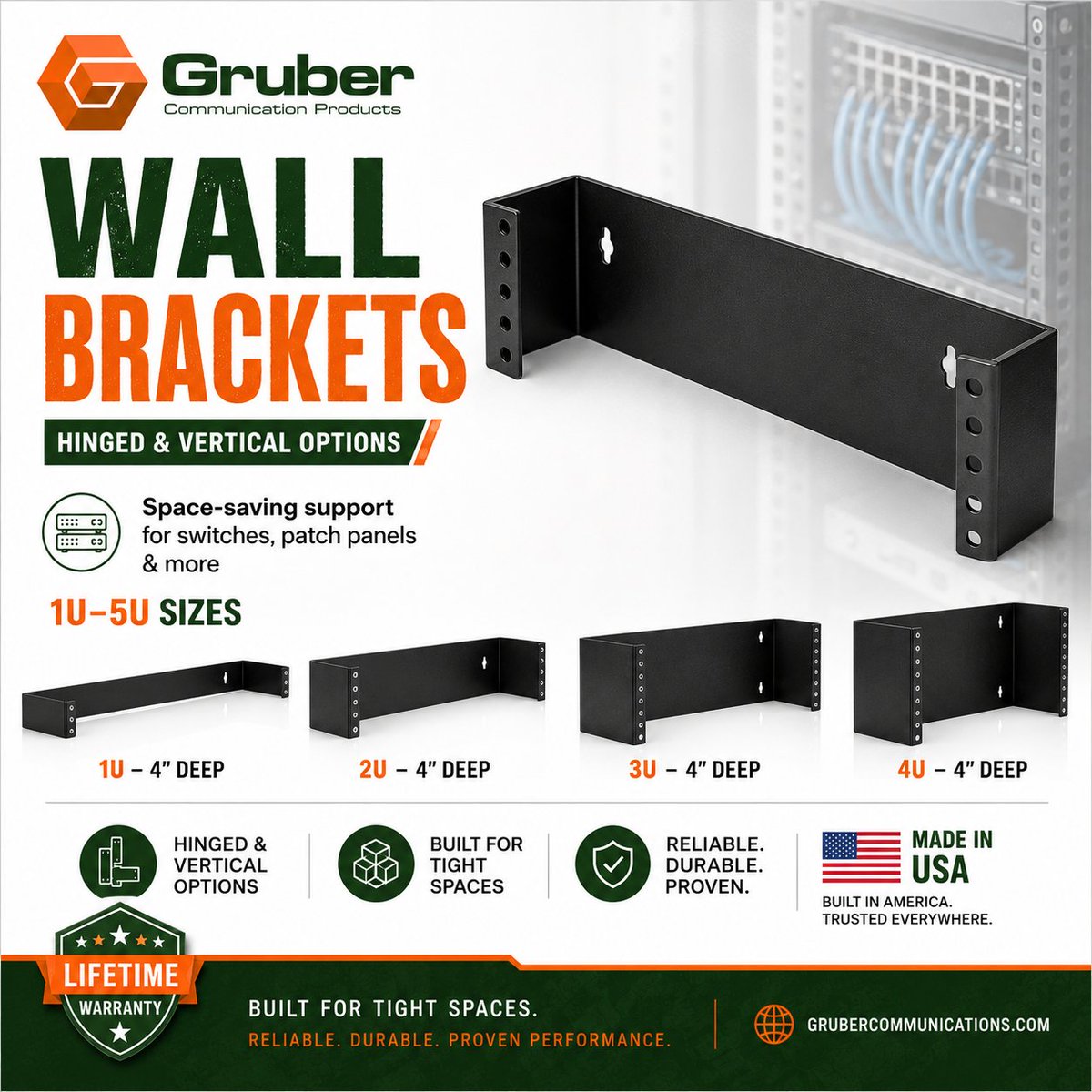 GruberComm's tweet photo. Built for tight spaces. Reliable. Durable. Proven.

Gruber Communications wall brackets provide space-saving support for switches, patch panels, and network gear — with hinged, vertical, and 1U–5U size options available.

https://t.co/H5eSlJf0ad

#GruberCommunications #WallBrackets #NetworkRacks #RackMount #ITInfrastructure #MadeInUSA