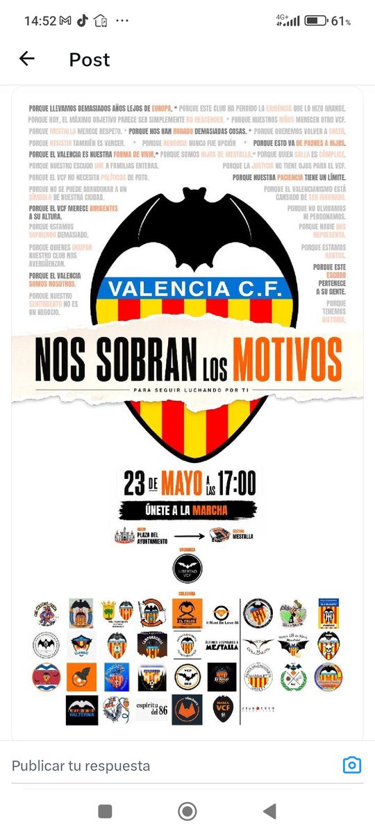 PV_COLLONUTS's tweet photo. Amunt 🦇🔥

Colegas de otras peñas, colectivos, valencianistas de a pie: el sábado 23 de mayo no es una mani más. Es la línea en la arena.

Llevamos años viendo cómo nos roban el club, cómo convierten Mestalla en un solar, cómo el objetivo pasó de pelear Europa a celebrar no descender. Y mientras, los de siempre callan, sonríen y se hacen la foto.

Nos sobran los motivos. 

Si tu peña lleva el escudo en el pecho, si tus padres te llevaron a Mestalla, si tus hijos merecen conocer un Valencia que no sea esto... el sábado hay que estar. No por Collonuts, no por Libertad VCF. Por el Valencia C.F. Por nosotros.

De peña a peña os decimos: no vengáis solos. Traed la pancarta, traed el bombo, traed a los vuestros. Que se vea que el valencianismo no está muerto. Que se vea que somos muchos más que ellos.

*23 de mayo - 17:00 - Plaza del Ayuntamiento → Mestalla*  
No vamos a pedir permiso. Vamos a recuperar lo que es nuestro.

¿Nos vemos allí? 

#PeterLimVeteYa #NosSobranLosMotivos #LibertadVCF