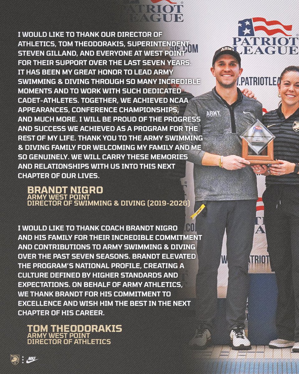 ArmyWP_SwimDive's tweet photo. Thank you Coach Nigro for the incredible impact you've made on our program over the past seven seasons! https://t.co/9EtR0KFZ6Z