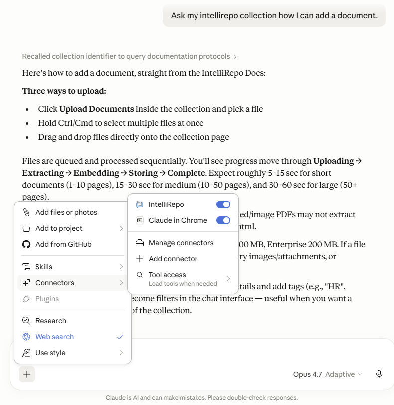 tdev_ai's tweet photo. https://t.co/MlWpndrwNV directly in Claude? Soon! Here's a quick preview of our upcoming MCP connector. I'd love to hear your feedback on whether this would actually be useful for how you work.

Ask Claude something about your knowledge base, and instead of guessing or searching the web, it pulls the answer straight from your IntelliRepo collections.

Each teammate connects once and everyone queries the same RAG collections. Claude (or any tool that supports MCP) is grounded in the same knowledge across the team. 

The tool only takes about a minute to set up: add connector → authorize → done.

What do you think?