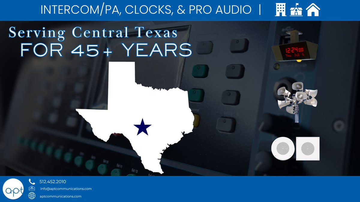 APT_Comm's tweet photo. For over 45 years, APT Communications has served Central Texas with reliable audio, master clock, low-voltage, and public address solutions.

From installation to ongoing maintenance, we help schools, businesses, and facilities stay connected with clear, dependable communication every day. Thank you to our customers and community for trusting us for over four decades.

#APTCommunications #CentralTexas #AudioSystems #PublicAddressSystems #45YearsStrong