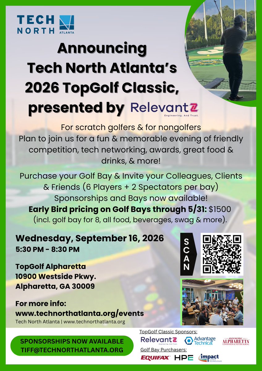 TechNorthATL's tweet photo. Last call for early bird pricing on golf bays for our Sept. 16, 2026, Topgolf Classic, presented by @relevantztech 

Reserve your bay today: https://t.co/lgLnj6FmLu 

Interested in sponsorship opportunities? Contact tiff@technorthatlanta.org https://t.co/hTHqC6mo8S