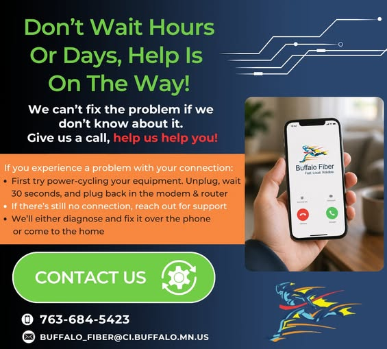 BuffaloMN's tweet photo. If you run into a connection issue, we're here to help! We don't want you to wait hours or days to get the issue fixed. We'll walk you through possible issues over the phone (sometimes it really is just turning it on and off), or send a technician out to you ASAP! https://t.co/H65YSKWemu