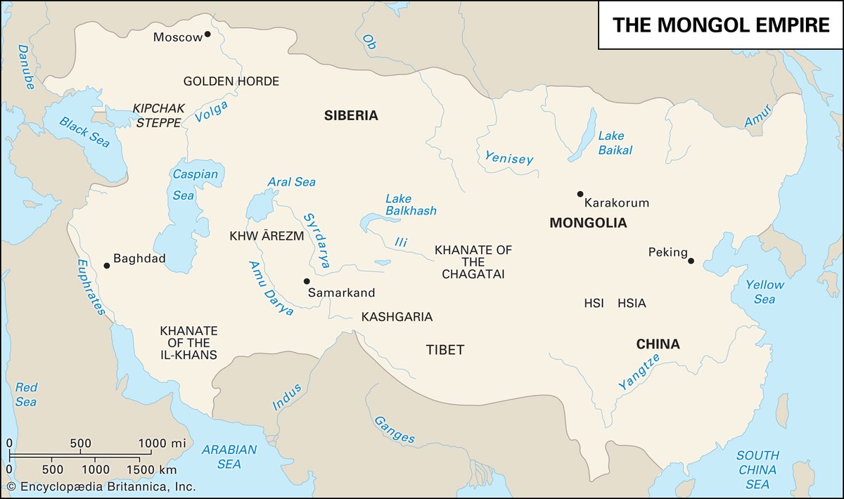 Britannica's tweet photo. The Mongol Empire once stretched from the Pacific Ocean to the Black Sea. 

How?

Well, his name wasn't Genghis Khan't. https://t.co/Z1Iosr8omk