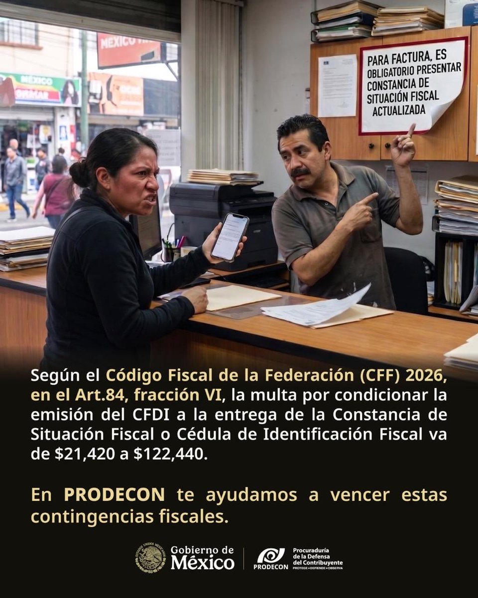 ProdeconMexico's tweet photo. ¿Te solicitaron tu Cédula de Identificación Fiscal o Constancia de Situación Fiscal para facturar? 🧾❓

Recuerda: ningún establecimiento puede condicionar la emisión de tu CFDI por no presentar estos documentos. ⚠️

Conoce más sobre este tema aquí ➡️ https://t.co/SLDSzY9M3Y

En #PRODECON te orientamos de manera gratuita. 🤝

📍Ubica tu Delegación más cercana: https://t.co/wjLMMsTeeT

💬 Recibe asesoría en línea, sin costo: https://t.co/M3dvxQRBMZ

#PorTiEstamosAquí