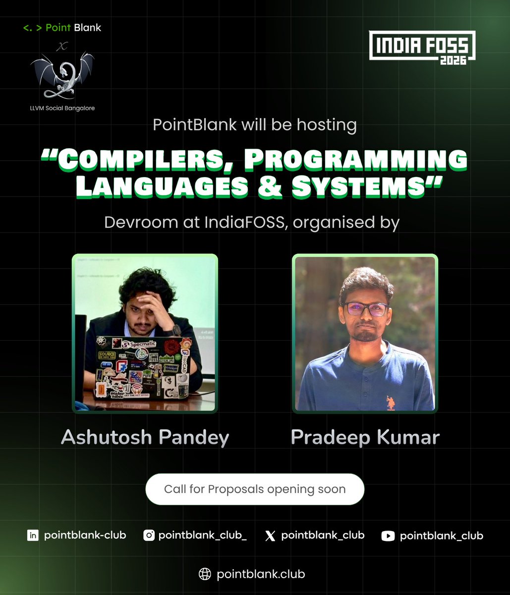ashpande18's tweet photo. @pt_of_no_return and I will be back this year hosting the “Compilers, Programming Languages and Systems” Devroom at @FOSSUnited #IndiaFOSS!

Devrooms are a lovely concept borrowed from FOSDEM and introduced by the IndiaFOSS team. They are a 3 hour “mini conference” within the main IndiaFOSS conference in a separate room.

Our CFP will open soon. Last year’s talks can be found on FOSS United’s YouTube channel:  https://t.co/a9QAvrje6s

@pointblank_club will also be hosting the “Cloud And DevOps” Devroom this year. More information on that soon from @SkySingh04 and @dhruvslashex.

See you all at IndiaFOSS! We (Point Blank) will be volunteering in large numbers this year too.

#Compilers #Programming #Systems