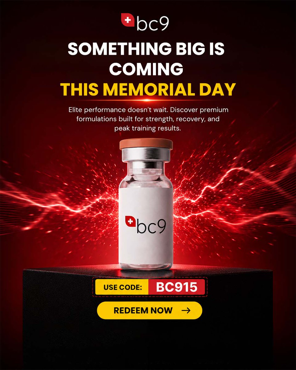 bc9co's tweet photo. Something big drops this Memorial Day ⚡

Premium formulations. Peak performance. Limited-time savings.

Use code: BC915 and get ready to level up.

#bc9 #MemorialDaySale #PerformanceResearch #ResearchCompounds #LabGrade https://t.co/pdMEPlHrzx
