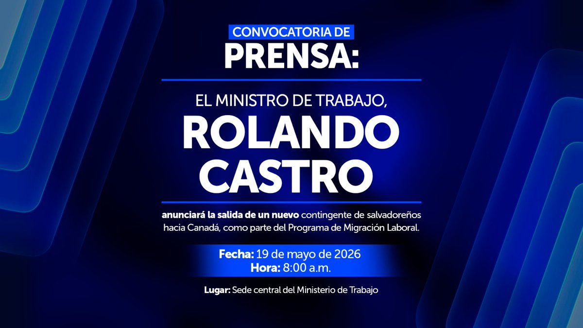 Noticias_MTPS's tweet photo. El Ministro @RolandoCastroSv, invita a los medios de comunicación y creadores de contenidos 
Para que acompañen el día de mañana, donde se dará a conocer la salida de un nuevo contigente de trabajadores Salvadoreños rumbo a Canadá, 
Gracias al #ProgramaDeMigracionLaboral https://t.co/dPOmZrilF8