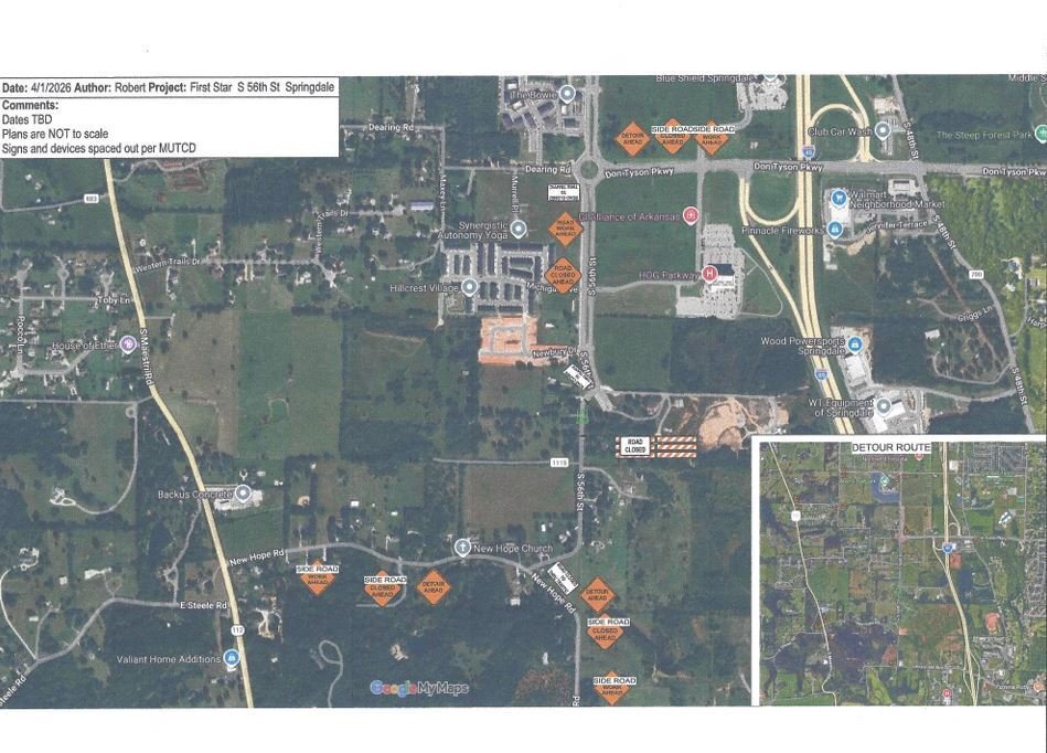 Springdale_AR's tweet photo. Good morning,

S 56th street will be closed Thursday 05/21 and Friday 05/22.

Closure map is attached with detour route and more information https://t.co/8fUbZVKRI8