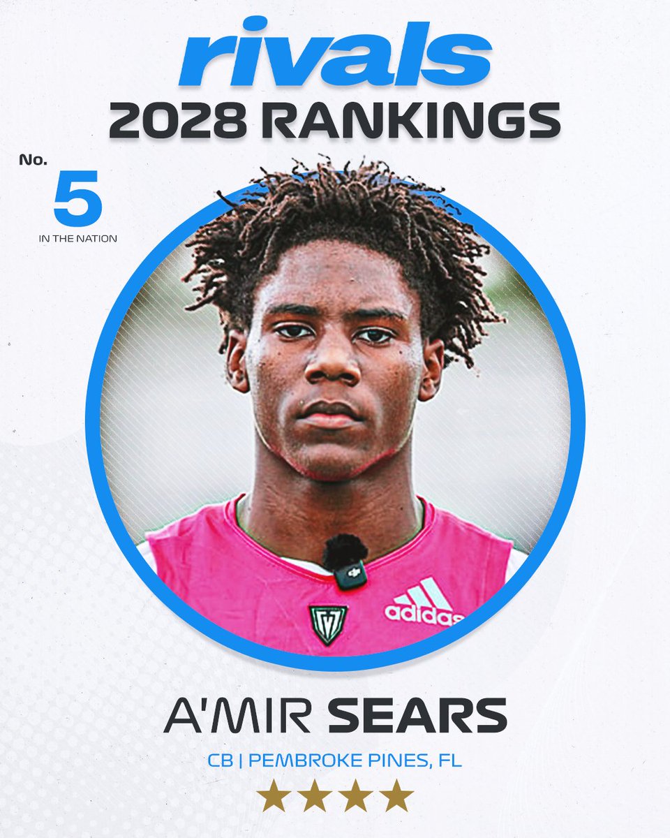 Rivals's tweet photo. 🚨NEW🚨 CB A'mir Sears ranks No. 5 in the updated 2028 Rivals300.

https://t.co/a3CJLVacIo https://t.co/AFMKY8ter9