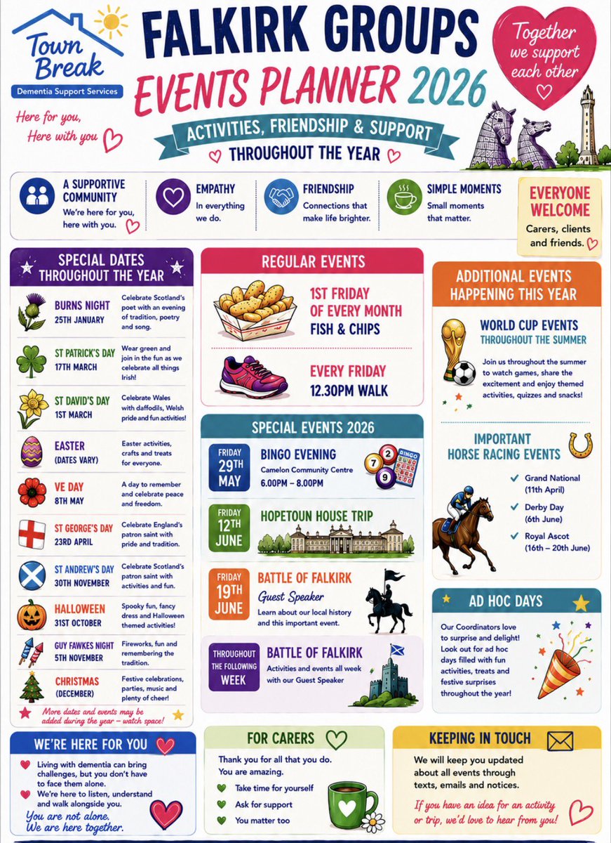 TownBreak's tweet photo. There’s a lot happening across Stirling, Clackmannanshire, and Falkirk this year 💜

From community events and local activities to opportunities for connection, support, and conversation, this is an overview of what’s coming up across Town Break Dementia Support.

Keep informed. https://t.co/iS0iKrmrit