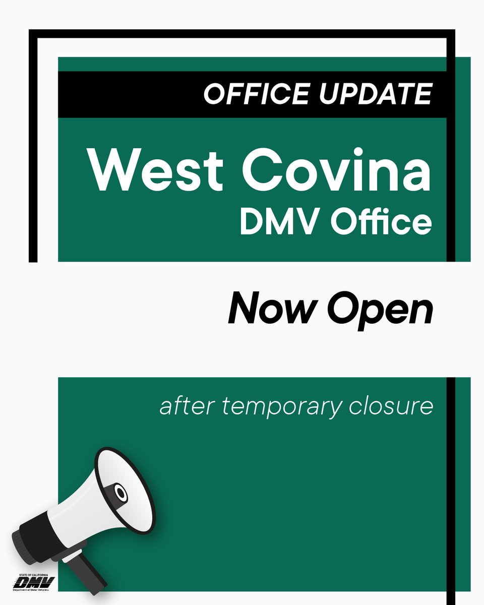 CA_DMV's tweet photo. The DMV’s #WestCovina office at 800 S. Glendora Ave. is now open.

The DMV encourages customers to use its online services and other service channels to complete transactions.

#GoOnline at https://t.co/TnoybXUqW9. https://t.co/EbGNLOGSdo