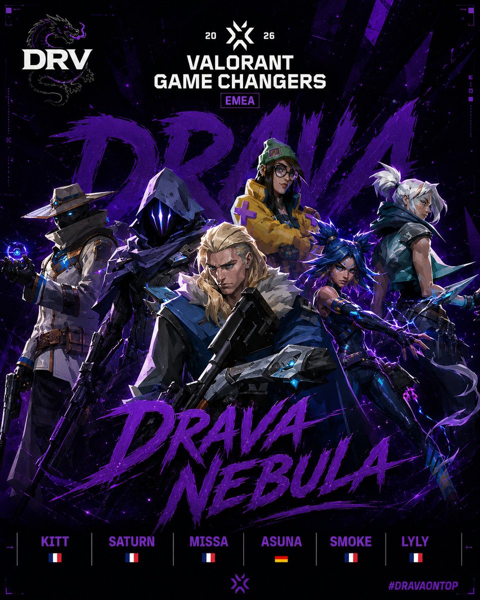 DravaEsport's tweet photo. La saison Game Changers 2026 approche ! 
Et il est temps de vous présenter celles qui porteront les couleurs de DRAVA NEBULA cette année 💜
🇫🇷 KITT 
🇫🇷 SATURN 
🇫🇷 MISSA 
🇩🇪 ASUNA 
🇫🇷 SMOKE 
🇫🇷 LYLY (SUB)

L'équipe sera accompagné de 🇫🇷 Teryk en coach et 🇫🇷 Lapi en Manageuse. https://t.co/Wvumvzd3uc