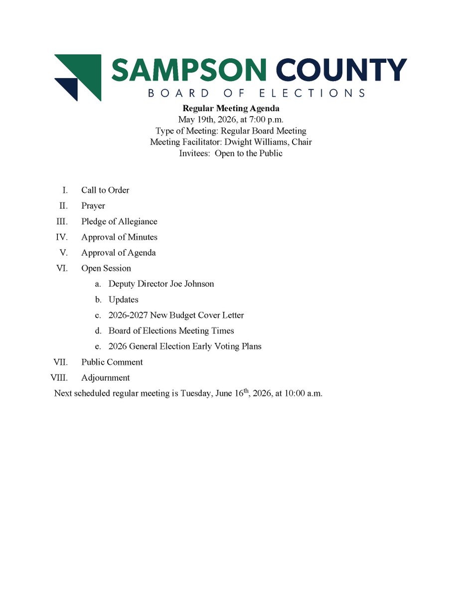 CountyofSampson's tweet photo. The Sampson County Board of Elections will hold its regular meeting on Tuesday, May 19th, 2026, starting at 7:00 p.m. in the BOE Office (Bldg. F), located at 120 County Complex Road, STE 110, Clinton using a modified public setting format that allows in-person citizen input. https://t.co/hPtHPjeAjO