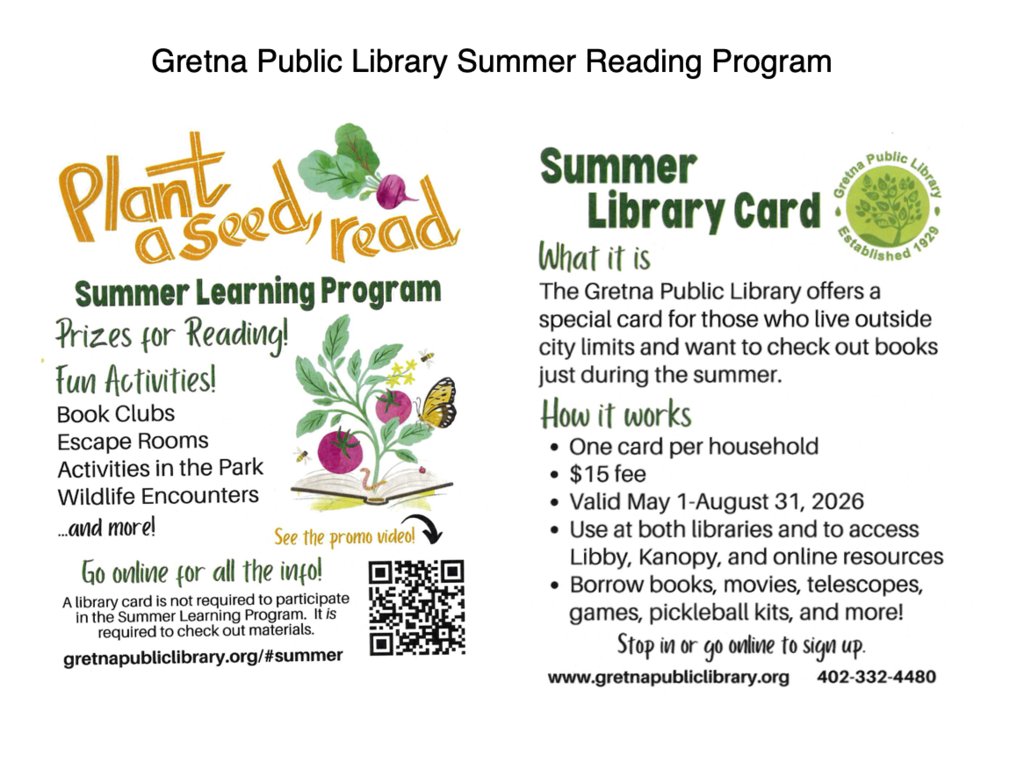 GESGuardians's tweet photo. Please see image for more info for info from the Gretna Public Library about their summer reading program! https://t.co/Pn3HJF2R1R