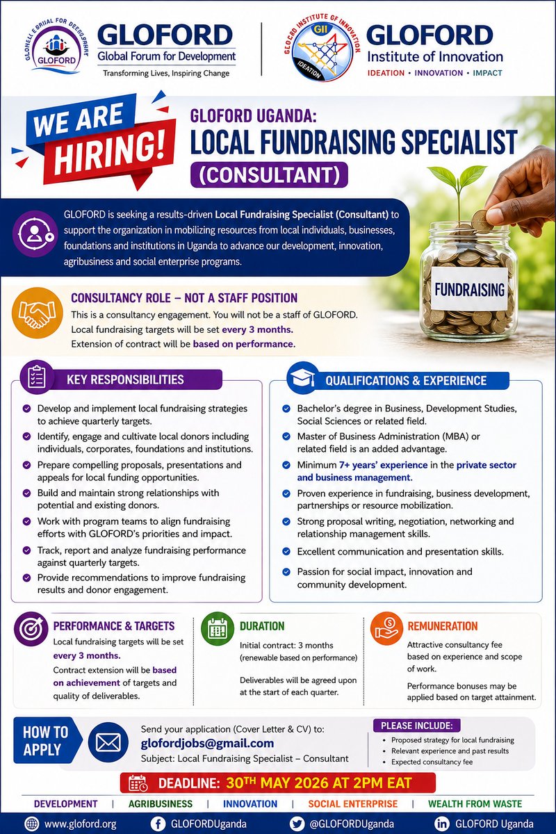 gloforduganda's tweet photo. 🚨 WE ARE HIRING

GLOFORD Uganda is looking for a passionate and results-driven Local Fundraising Specialist (Consultant) to support impactful development and innovation programs. 

📅 Deadline: 30th May 2026 | 2:00 PM EAT
📧 Apply via: glofordjobs@gmail.com

#WeAreHiring https://t.co/rRjVCdUMZA
