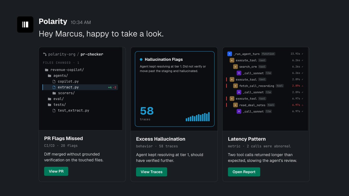 alexinbinary's tweet photo. Get instant notifications in Slack by tagging the Polarity bot, inquire about any agent connected and get fed results about flagged traces. https://t.co/MxWx6IrJHe