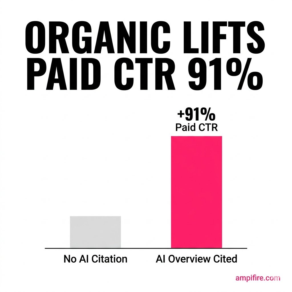 AmpiFireApp's tweet photo. Brands cited inside Google's AI Overviews get 91% higher paid CTR than competitors on the same queries.

Organic presence is now a direct paid performance input. These two channels stopped being separate strategies.

Most paid media teams still treat organic as a 'nice to have' sitting in a different department. Meanwhile the data from ALM Corp's analysis of 16,000+ queries shows that AI Overview citation directly lifts what paid ads convert at, on the same search queries, against the same competitors.

Here is what else the data shows for accounts that built organic alongside paid:

✅ Catalog Ads at 60%+ of conversion budget deliver 44% higher ROAS and 68% lower CPA compared to accounts under 30% allocation
✅ Brands testing 20+ fresh creative concepts per month see 65% higher ROAS than brands testing under 10 (ScaledOn)
✅ Founder-led creative produces 2 to 3x the ROAS of brand-style video
✅ ASC delivers 17% to 22% lower CPA than manual campaign structures

The pattern across recovering accounts in 2026 is consistent. AmpiFire distributes content across 300+ authority sites... Google News, YouTube, Spotify, major publishers... building the organic citation footprint that feeds AI Overviews and compounds paid performance over time.

Single channel paid dependency has gotten more expensive every year since 2021.

How much of your paid performance depends on organic citation you are not currently building?