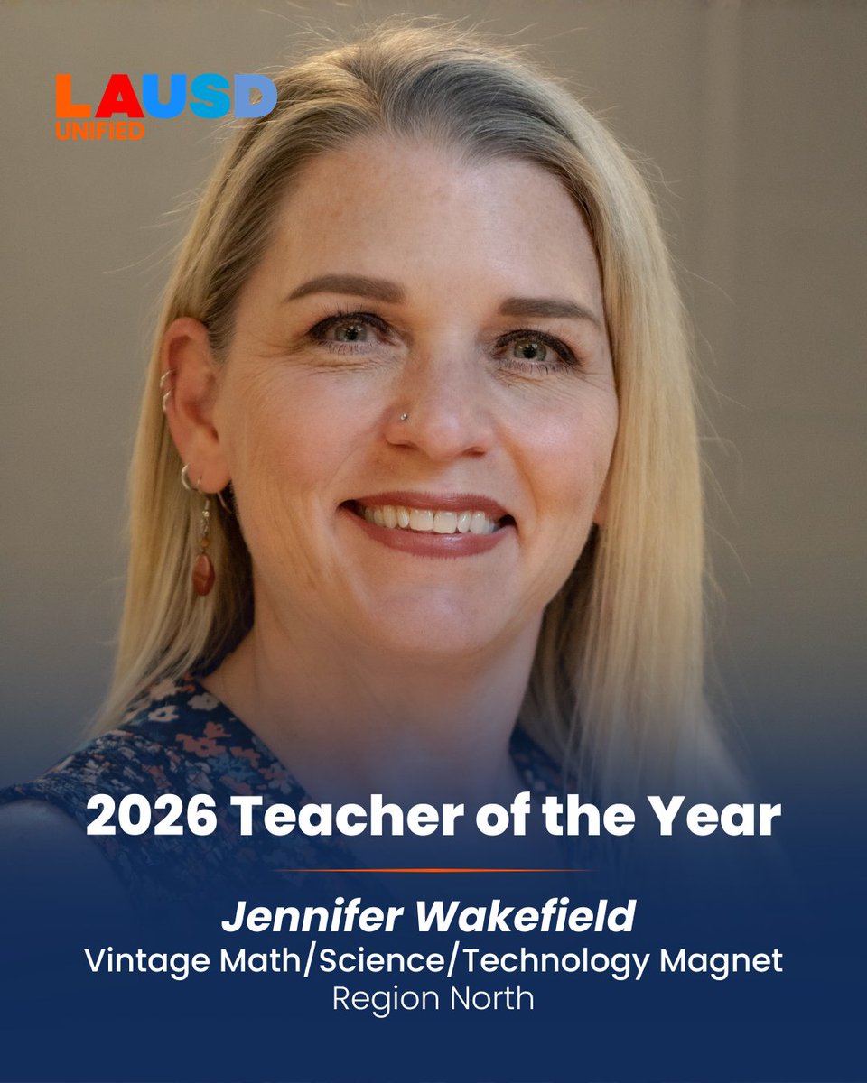 LAUSDHR's tweet photo. ✨2026 Teachers of the Year✨

Join us in honoring and recognizing Jennifer Wakefield from Vintage Math/Science/Technology Magnet as a Teacher of the Year honoree. 💙🍎

Thank you for all you do to encourage, support, and inspire others! 🏫 #TeacheroftheYear #LAUSD https://t.co/jhrRQ4XraZ