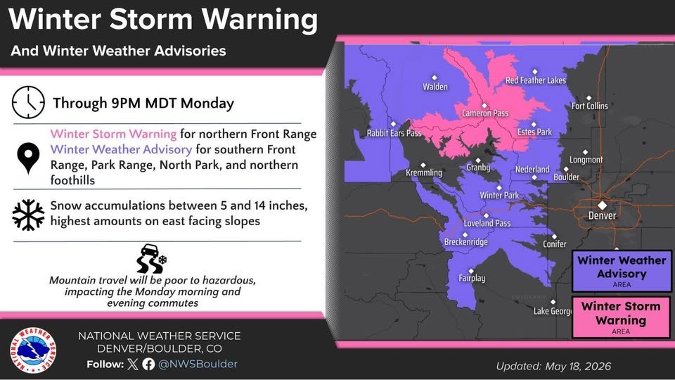 NWSBoulder's tweet photo. A Winter Weather Advisory has been issued for the Park Range and northern foothills. The Winter Storm Warning and Winter Weather Advisories are still in effect until 9 PM this evening. Snow will create slick roads and hazardous mountain travel conditions today! #COwx https://t.co/UUXAGSCcLv