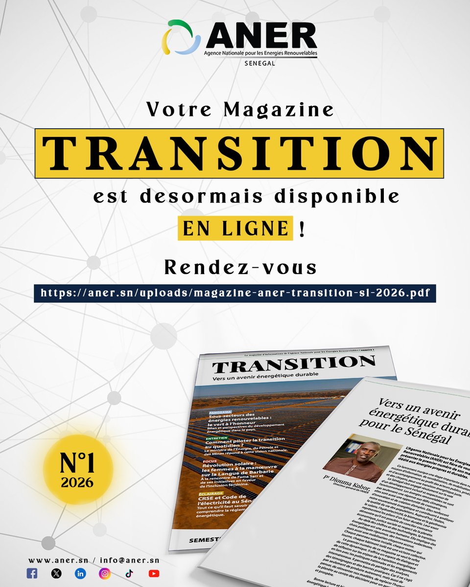 anersenegal's tweet photo. Votre premier numéro du magazine TRANSITION est désormais disponible en ligne !
📖 À lire ici : https://t.co/Zyo1GU06C0
#ANER #MEPM #Magazine #TransitionEnergetique #EnergiesRenouvelables https://t.co/B8uooulDGF