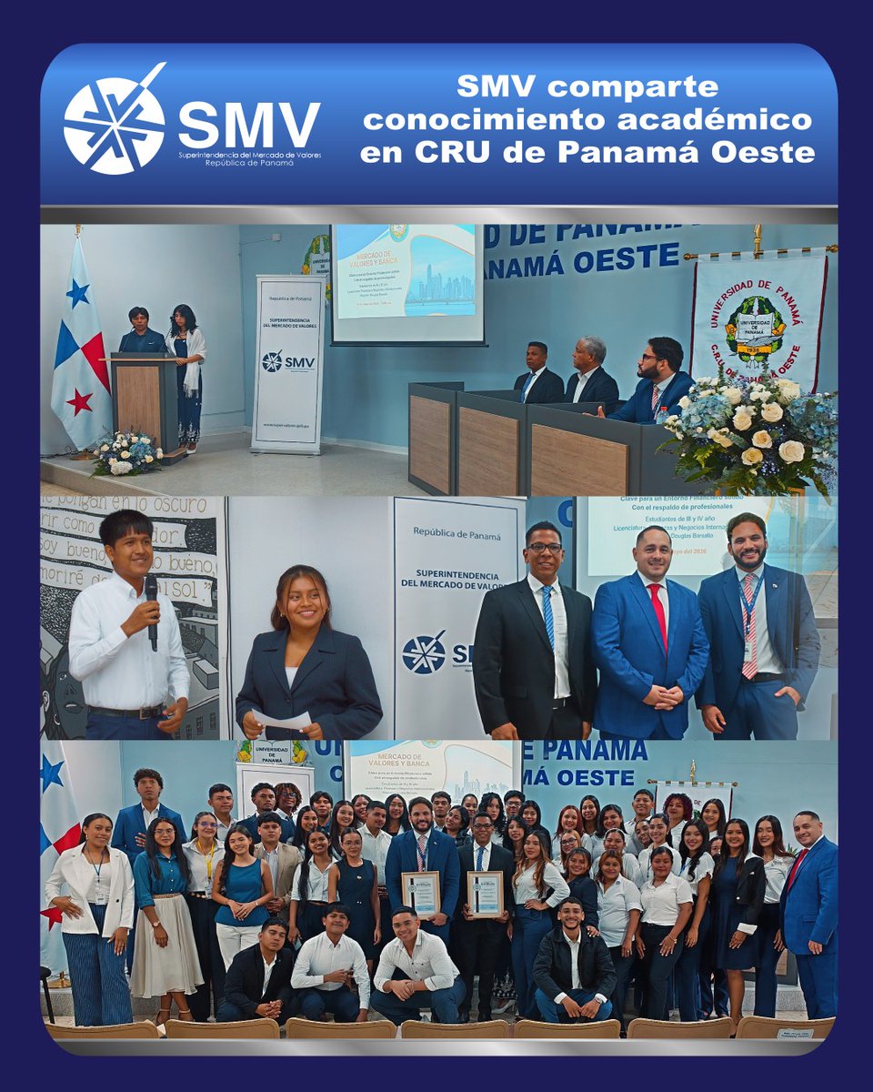 Supervalores_Pa's tweet photo. Los estudiantes de tercer y cuarto año de la Licenciatura en Finanzas y Banca de la Facultad de Economía, así como de la Licenciatura en Finanzas y Negocios Internacionales de la Facultad de Administración de Empresas y Contabilidad del Centro Regional Universitario de Panamá Oeste @PmaOesteCRU  , organizaron el evento “Mercado de Valores y Banca”, en el que la Superintendencia del Mercado de Valores (SMV), participó como una de las entidades expositoras. 

La SMV estuvo representada por Cristhian Mendoza, Jefe de Grupo Económico, Dirección de Prevención y Control de Operaciones Ilícitas, quien durante su exposición abordó temas relacionados con el funcionamiento del regulador, amplió conceptos sobre los entes supervisados por la institución así como las licencias que se otorgan tanto a personas naturales como jurídicas.

Por su parte, José Marco Madrid, de BAC Panamá, desarrolló temas vinculados con el sistema bancario panameño. 

Esta capacitación permitió fortalecer el intercambio de conocimientos entre los participantes, promoviendo una mayor comprensión sobre el funcionamiento del sector bursátil y del sistema bancario panameño. 

#SMV #capacitación #mercadodevalores #educaciónfinaciera #panamá #inversión