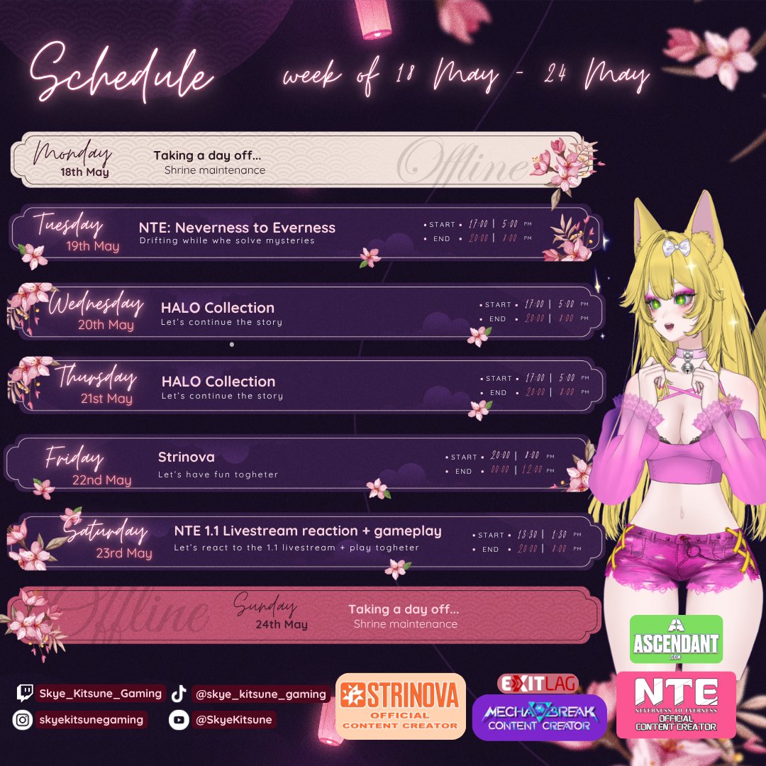 SkyeKitsuneVT's tweet photo. Schedule of the week from 18th to 24th of May
I'm waiting for you with open arms 💖🌸
Live on
https://t.co/DvlsDGNGT4
#twitchstreamer #streamergirl #Strinova #nte #ntecreator #nevernesstoeverness #halo #halothemasterchiefcollection #twitchaffiliate #vtuber #vtuberen #kitsunegirl https://t.co/1kuOn1uOmZ