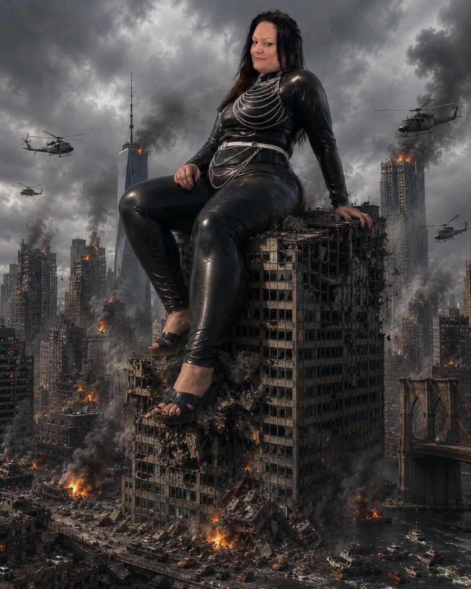 mistress_darren's tweet photo. Good (late) morning!
Enjoy this AI photo of me as a 50 foot woman sitting on a building.
What is the story behind this photo? 🤔

Am I resting because 
A) I am tired from destroying the city 
OR am I resting after 
B) defeating a giant alien lizard monster? https://t.co/ke5og2Z4gm