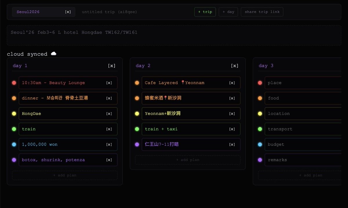 meebugs's tweet photo. mee.exe log#14
finally finished my lazy trip planner
built a 0-login itinerary board that auto-saves to the cloud in real-time
drag a link, share with friends, sync instantly
travel planning for the laziest, love it♡
#buildinpublic #100daysofcode https://t.co/ufrsXcvqno