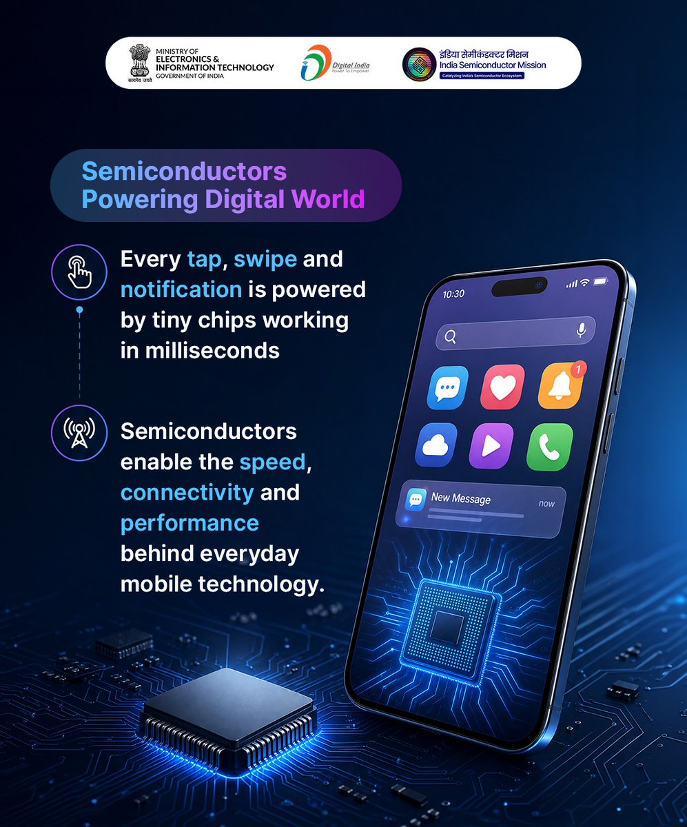 GoI_MeitY's tweet photo. From every tap to every notification, semiconductors quietly power the digital experiences we rely on every day.

#DigitalIndi #Semicon https://t.co/HESRVstVGB